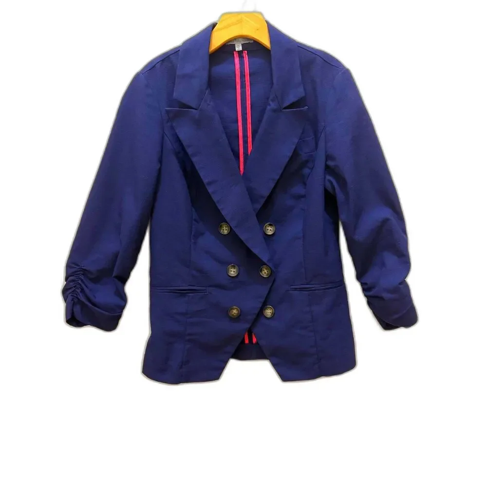 Y2K Charlotte Russe Royal Blue Double Breasted Blazer Ruched 3/4 Scrunch Sleeve